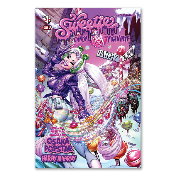 Colorful anime-style character in Sweetie Candy Vigilante comic surrounded by candy
