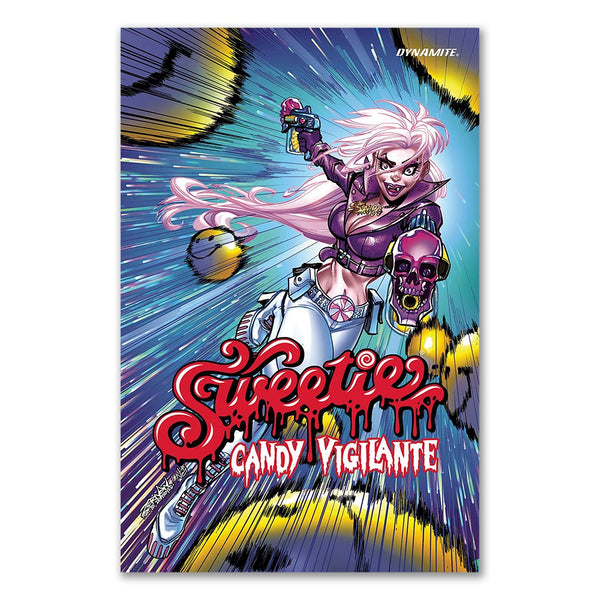 Futuristic female character with pink hair on Sweetie Candy Vigilante comic book cover