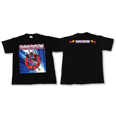 Two Osaka Popstar album cover t-shirts, front and back designs showcased