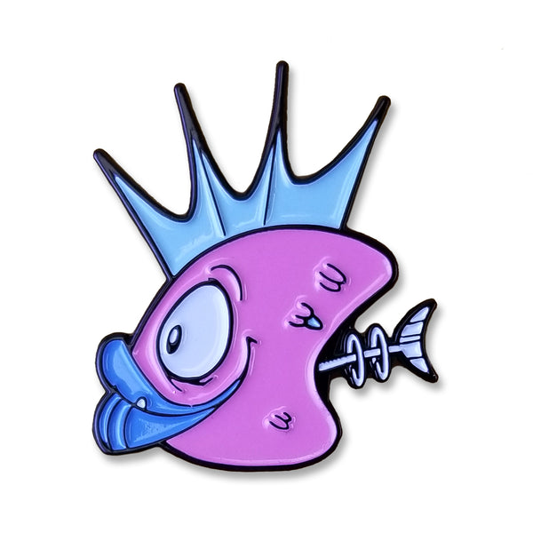 Cartoon-style purple fish with blue fins and fish bone enamel pin for Pink Fish Heads Toon