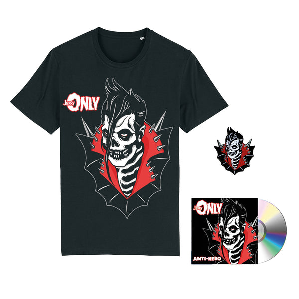 Black t-shirt with skull design and red accents from JERRY ONLY Anti-Hero Deluxe CD Bundle