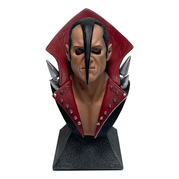 Bust sculpture of Misfits Jerry Only in red hooded costume with spikes for beautiful collectors window