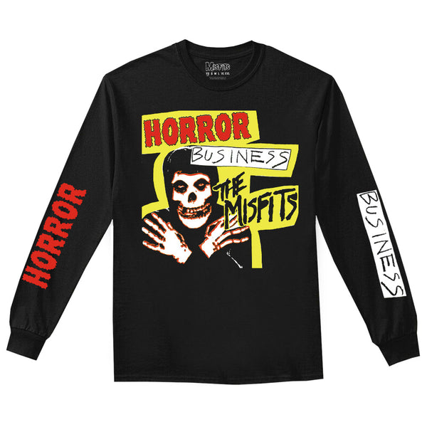Black long sleeve Horror Business t-shirt with colorful skull graphic design