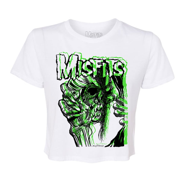 White T-shirt featuring green evil eye skull graphic and Misfits text in Sketch Evil Eye design
