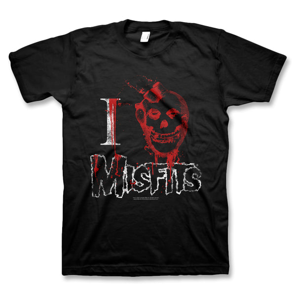 Black Misfits t-shirt with red skull design and I Heart Misfits text for official fans