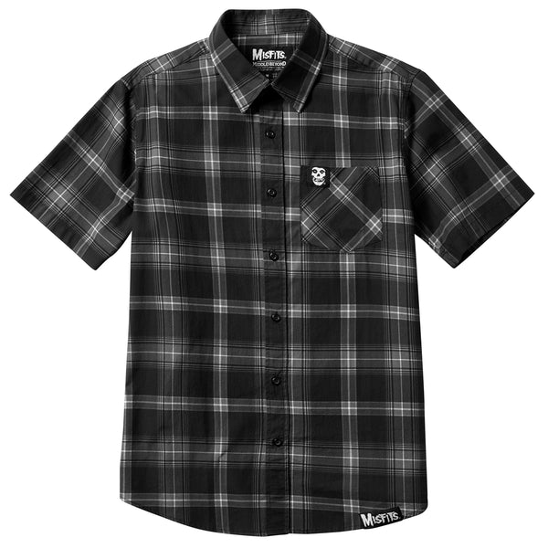 Misfits Plaid Short Sleeve Button-Up Shirt in black and white with logo on chest pocket