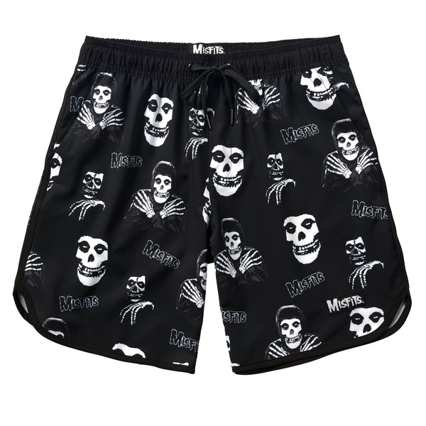 Black Misfits Hybrid Shorts featuring a skull and skeleton hand pattern design