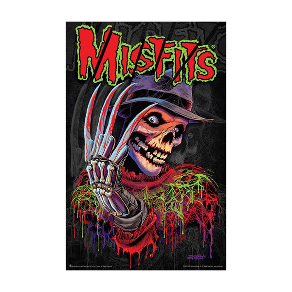 Colorful horror-themed black light poster featuring a skeletal figure with a metal claw hand