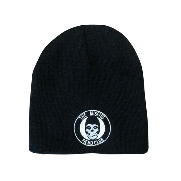 Black knit Fiend Club Beanie featuring a skull logo design on the front