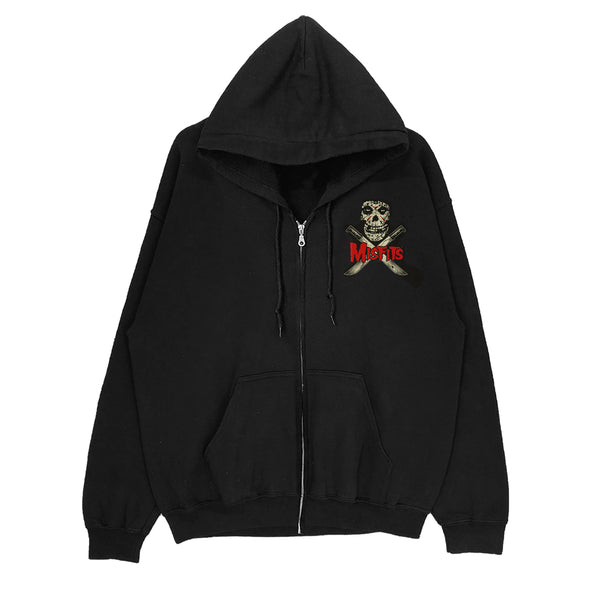 Black crystal lake zip-up hoodie with skull and crossed bones design on chest