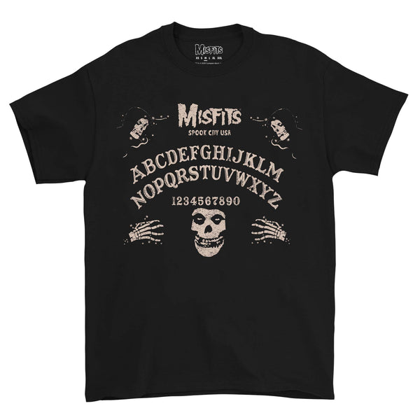 Black T-shirt featuring a Misfits Ouija board design, perfect for spirit board enthusiasts