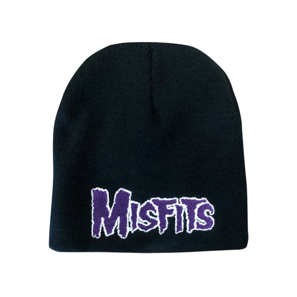 Black knit beanie featuring Misfits logo in purple, perfect for official Misfits fans