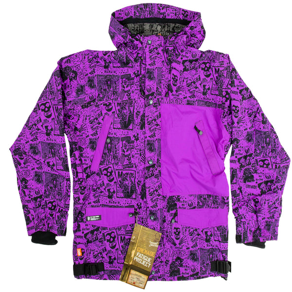 Vibrant purple Misfits Bullet snowboarding jacket with cartoon graphics and pockets