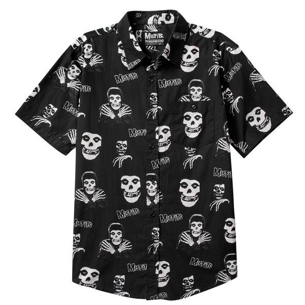 Black short sleeve button-up shirt featuring skull and skeleton hand print pattern