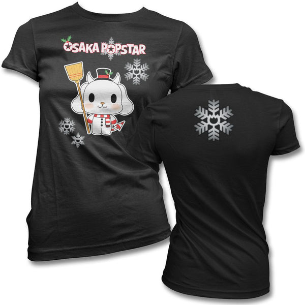 Black Osaka Popstar Snow Dog Women’s T-shirt with cute cartoon character and snowflakes