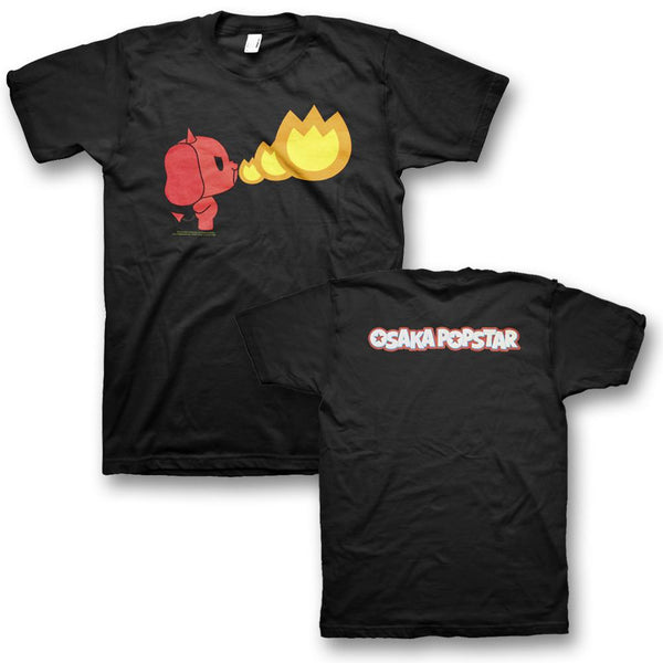 Black Devil Dog T-shirt featuring cartoon character blowing fire and Osaka Popstar text