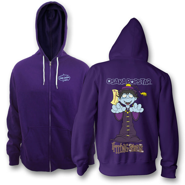 Purple Hopping Ghosts Zip Up Hoodie featuring playful cartoon character design on back
