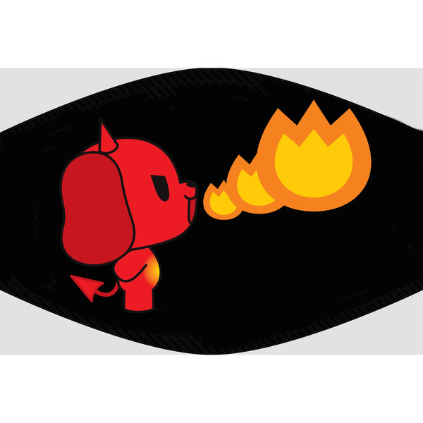 Cartoon red devil character breathing fire on a Red Devil Dog Face Mask design