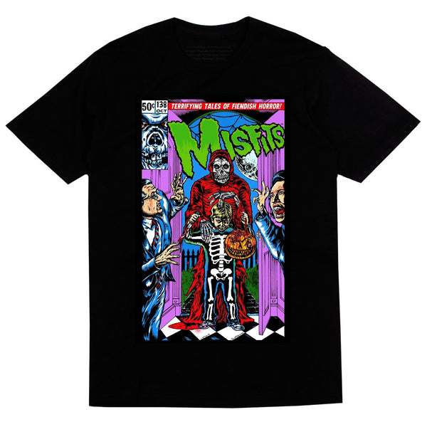 Black tee Misfits featuring colorful horror comic design with fiend skull graphic