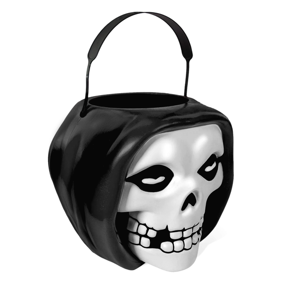 Skull-shaped black and white Misfits Fiend SuperBucket for Halloween candy collection