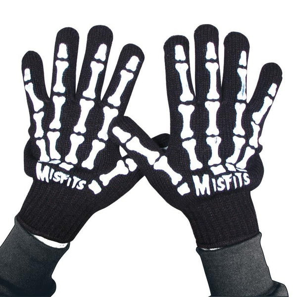 Pair of Skeleton Hand Knited Gloves with black and white bone designs and Misfits text