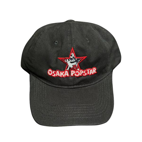 Black baseball cap with red star logo and embroidered Osaka Popstar Super Hero Star design