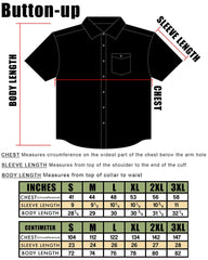 Black short sleeve button-up shirt with sizing chart for Misfits All Over design