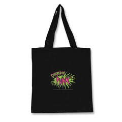 Black tote bag featuring colorful Punk graphic design for Yum Fish Head product