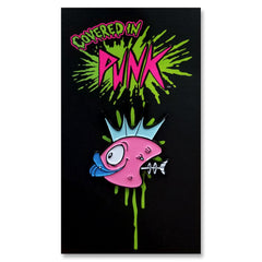Cartoon-style pink fish heads enamel pin with blue fins and green slime detail