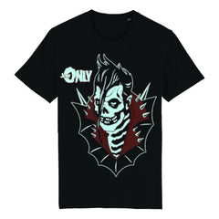 Black tee featuring a glow-in-the-dark skull design with dark ink by Jerry Only