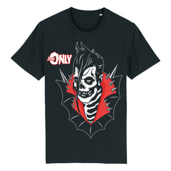 Black tee featuring skull-faced character design with dark ink and red accents