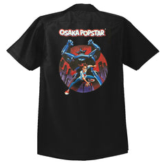 Black Osaka Popstar work shirt with colorful Giant Robot graphic on the back