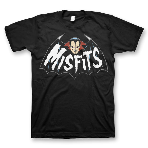 Black Jerry Bat Logo T-Shirt featuring Misfits logo with vampire face and bat wings