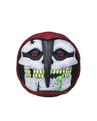 Stylized skull face with green teeth on red background for Madballs Misfits Fiend Foam Horrorball