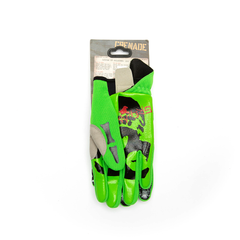 Bright green and black Misfits X Grenade snowboarding gloves featuring Prewade label