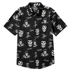 Black short sleeve button-up shirt featuring skull and skeleton hand print pattern
