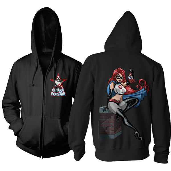 Black Super Hero Zip Hoodie featuring contrasting graphic designs on front and back