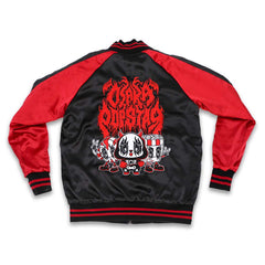Red and black Osaka Popstar reversible bomber jacket features fully embroidered skull design