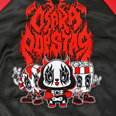 Cartoon graphic of cute devilish characters on Osaka Popstar reversible embroidered jacket