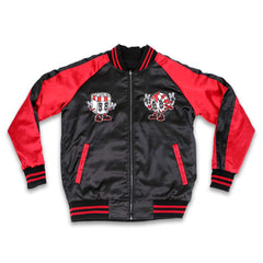Red and black Osaka Popstar reversible jacket features fully embroidered cartoon patches