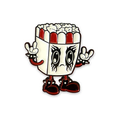 Kawaii Black Metal popcorn character pin making peace signs in enamel set of 4