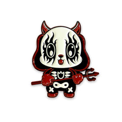 Kawaii Black Metal Enamel Pin featuring a cute devil character with trident and big eyes