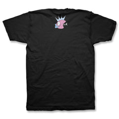 Black Osaka Popstar Fish Heads T-shirt featuring a pink cartoon fish design