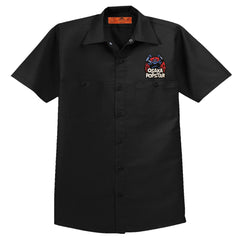 Black short-sleeved work shirt with embroidered Osaka Popstar Giant Robot logo on chest