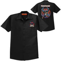 Black Osaka Popstar work shirt featuring Giant Robot logo and vibrant graphic design