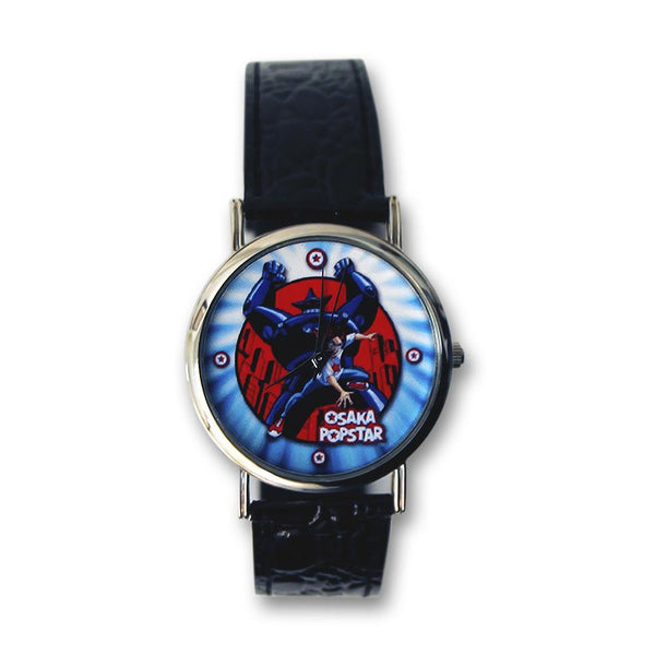 Wristwatch with superhero design and black leather strap, Robot Round Watch