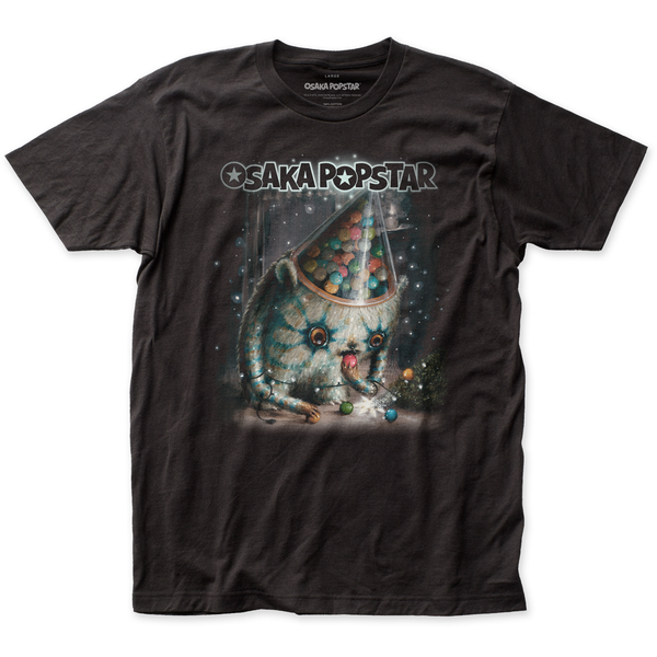 Black Osaka Popstar Ornament Muncher T-Shirt with colorful cat in space and pizza UFO