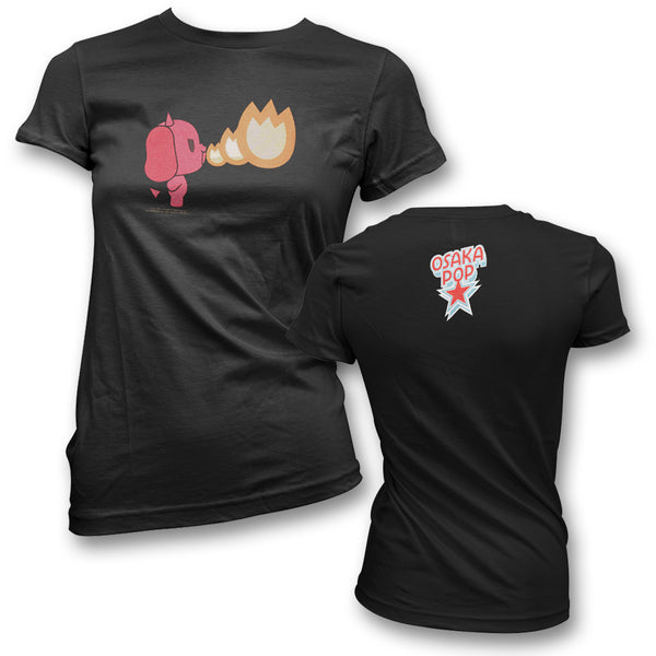 Black Devil Dog Fire T-shirt for women featuring a cartoon character blowing fire