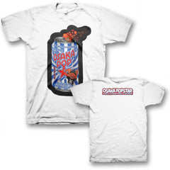 White Osaka Popcan T-Shirt displaying a vibrant graphic of Osaka Soda can design