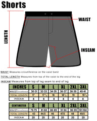 Diagram of Misfits Hybrid Shorts with measurement guidelines and size chart